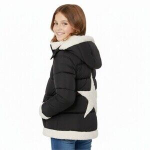 Sam Edelman Girls Star Puffer Coat Jacket Sherpa Hooded Black Size XS (5/6)